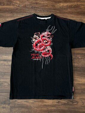 PEPE JEANS BLACK DRAGON EMBROIDERED TEE SIZE L